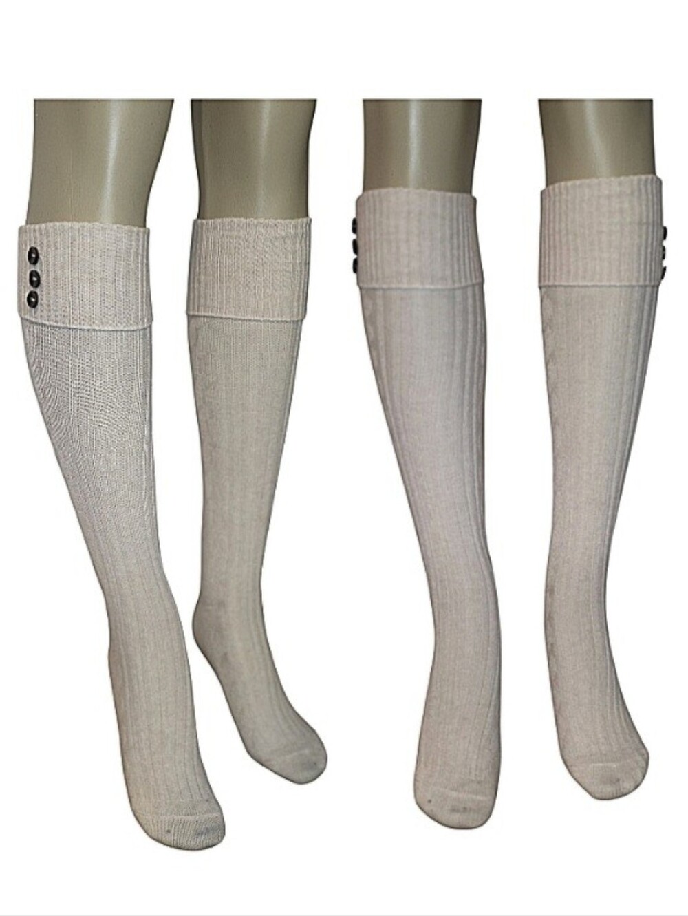 Cream Ribbed Knee High Socks with Button Detail